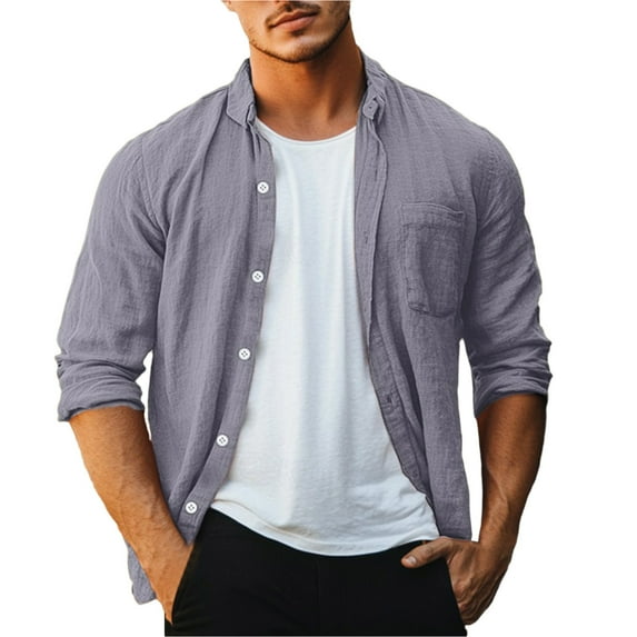 Yiaimeir Men's Summer Loose Print Long Sleeve Shirt Cardigan Solid Color Shirt,Size M-3XL