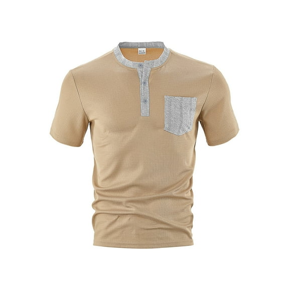 Yiaimeir Men's Summer Machine Washable Patch Pocket Open Placket Colorblock Polyester T-Shirt Streetwear,Size S-2XL