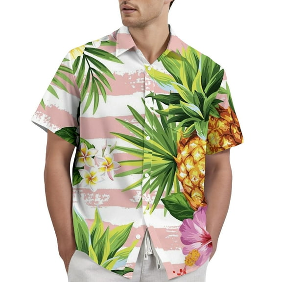Yiaimeir Men's Tropical Hawaiian Short Sleeve Shirt with Pineapple and Floral Print Casual Button-Down Beachwear,Size S-2XL