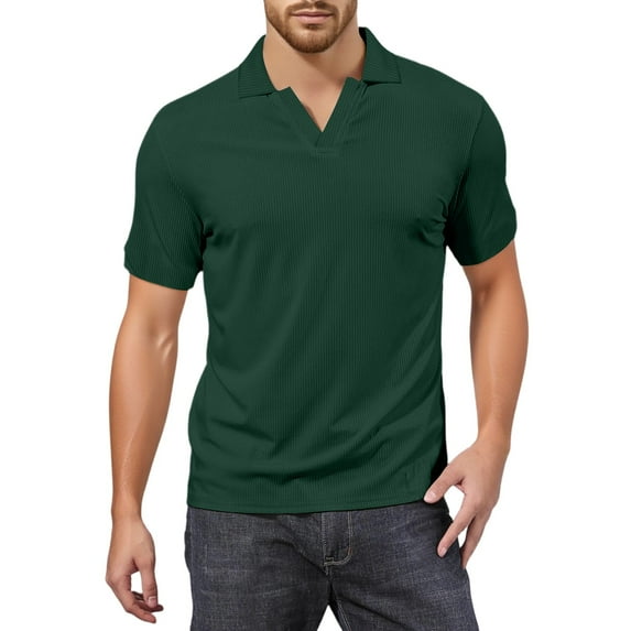 Yiaimeir Men's V-neck Short-sleeved Top Textured Collar Golf T-shirt Streetwear,Size M-3XL