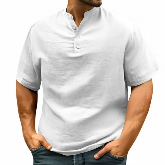 Yiaimeir Men's WithT-Shirt Short Sleeved Collarless Button Down T-shirt Fashionable Casual Basic T-shirt Top Streetwear,Size S-2XL