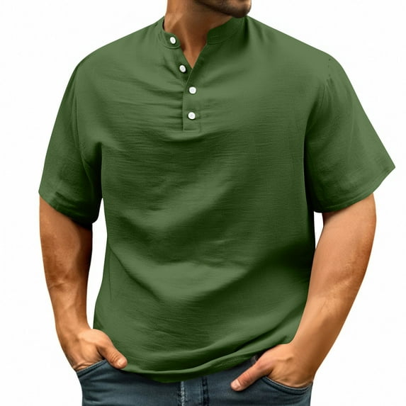 Yiaimeir Men's WithT-Shirt Short Sleeved Collarless Button Down T-shirt Fashionable Casual Basic T-shirt Top Streetwear,Size S-2XL