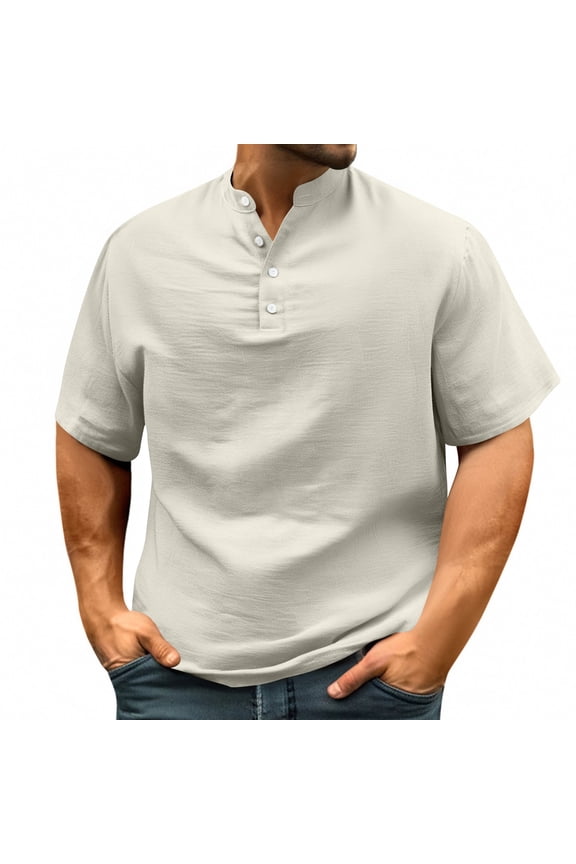 Men's WithT-Shirt Short Sleeved Collarless Button Down T-shirt Fashionable Casual Basic T-shirt Top Streetwear,Size S-2XL