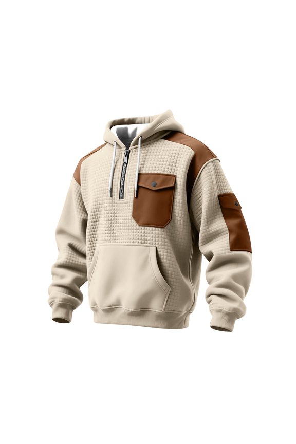 Mens Casual Pullover Hoodie with Zippered Chest Pocket and Patchwork Design Long Sleeve Warm Sweatshirt for Outdoor Activities