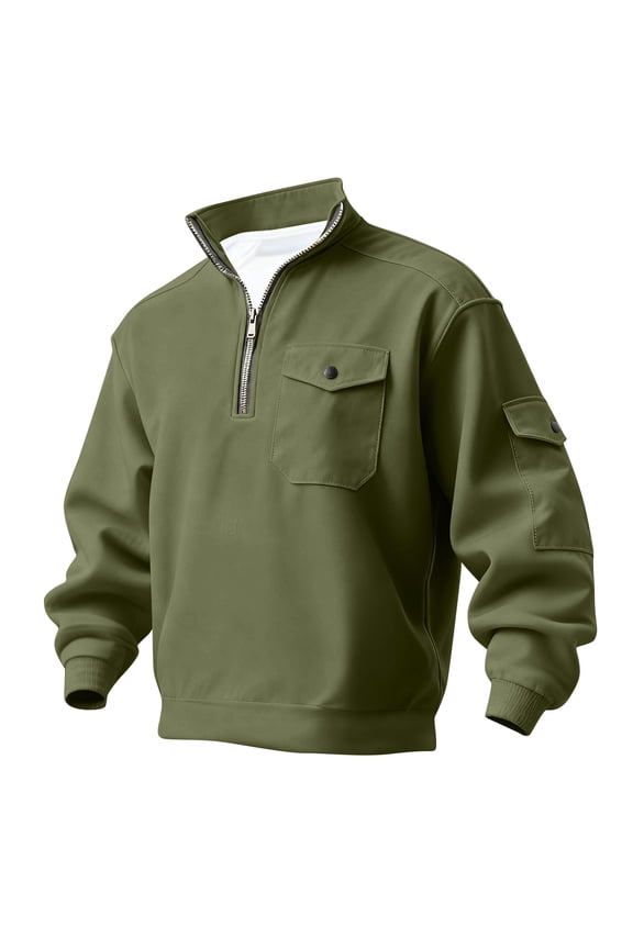Mens Half Zip Pullover Sweatshirt Long Sleeve Stand Collar Casual Top with Chest and Sleeve Pockets Comfortable Fit