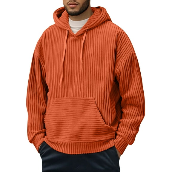 Yiaimeir Mens Ribbed Knit Pullover Hoodie Long Sleeve Casual Loose Fit Hooded Sweatshirt with Kangaroo Pocket for Everyday Wear