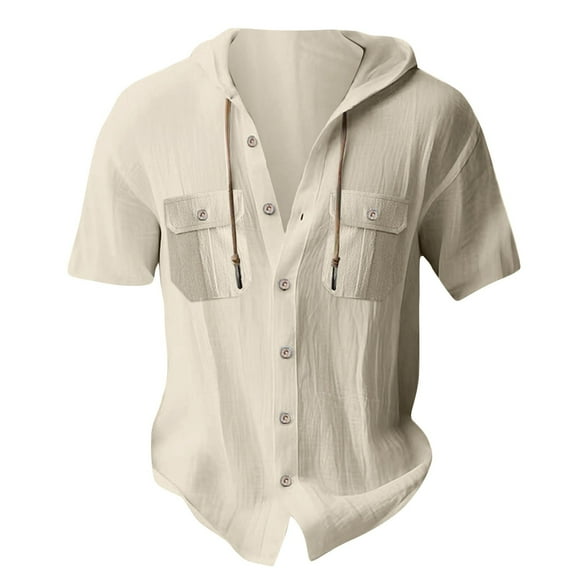 Yiaimeir Mens Summer Solid Color Pockets Cotton Linen Short Sleeve Shirt Tops,Size M-3XL