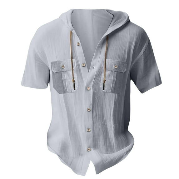 Yiaimeir Mens Summer Solid Color Pockets Cotton Linen Short Sleeve Shirt Tops,Size M-3XL