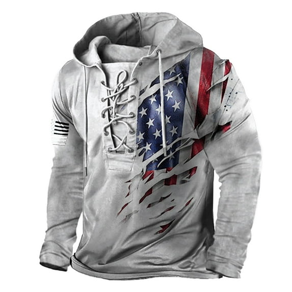 Yiaimeir Patriotic American Flag Lace Up Hoodie for Men Long Sleeve Pullover Sweatshirt with Distressed USA Flag Graphic Design