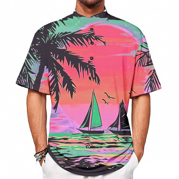 Yiaimeir Summer New Men's Casual Stand Collar Short Sleeve T-Shirt Collar Streetwear,Size S-2XL