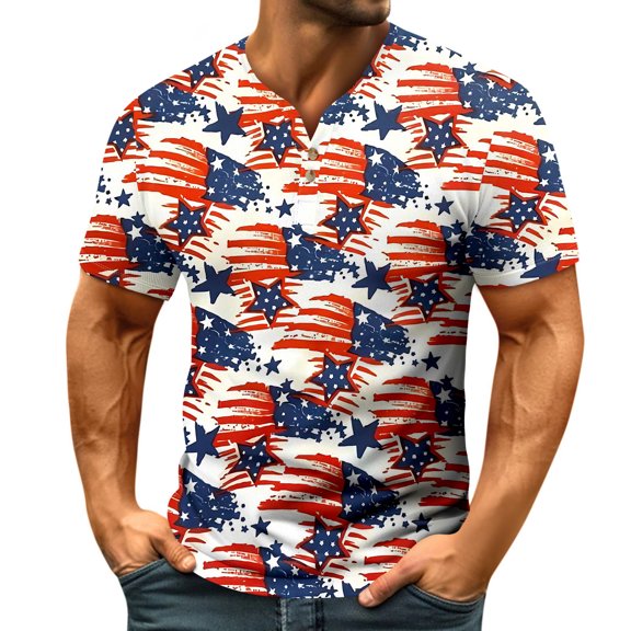 Yiaimeir Summer V-neck Short Sleeved Top With Buttons Independent Day Print Men's T-Shirt