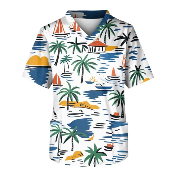Yiaimeir ‌V-Neck Vacation Top T-shirt Loose Casual Short Sleeve Pocket Design‌