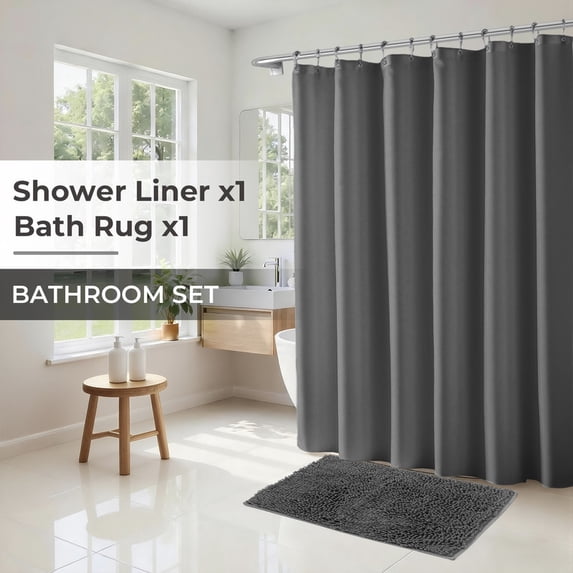 Yiannan 2 Pcs Fabric Shower Curtain Liner with Chenille Bath Rug - 72" x 72" Standard Shower Curtain with Magnets & Non-Slip Water Absorbent Bathroom Mats Set Accessories,Gray