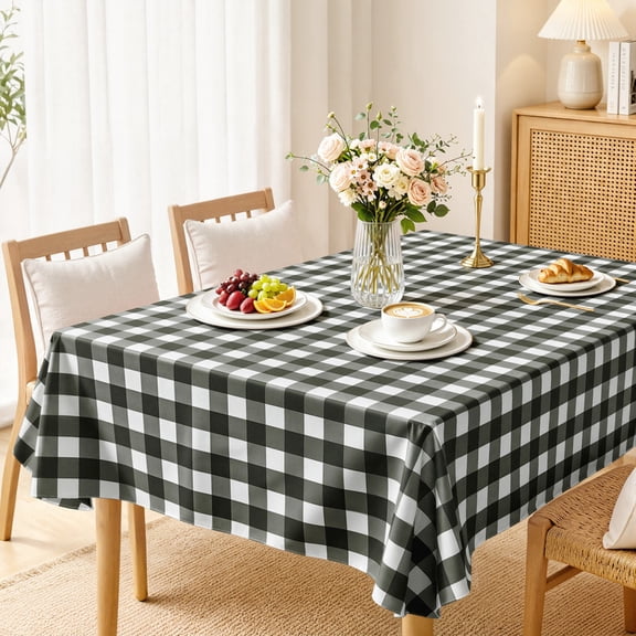 Yiannan Rectangle Vinyl Tablecloth, Waterproof Flannel Backed Table Cloth, Wipeable Stain Resistant Table Cover for Indoor Dining, Outdoor Use, Camping Trips, and Picnics, Black, 52" x 70"