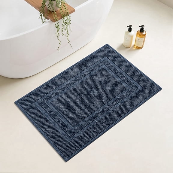 Yiannan 17x24 Inch Cotton Bath Rug, Soft Absorbent Non Slip Mat, Machine Washable Non Shedding, Fashionable Mat for Bathroom, Kitchen and Laundry,Navy Blue