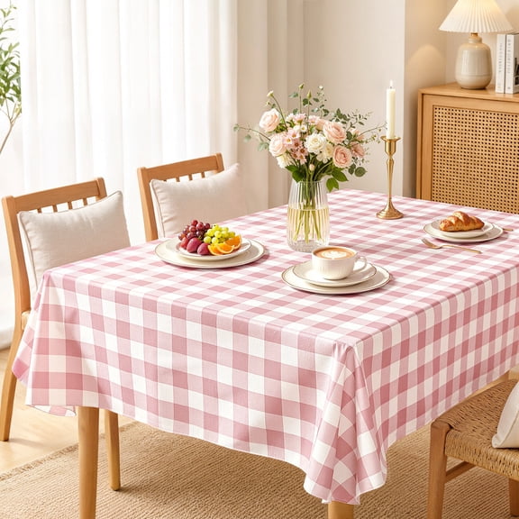 Yiannan Rectangle Vinyl Tablecloth, Waterproof Flannel Backed Table Cloth, Wipeable Stain Resistant Table Cover for Indoor Dining, Outdoor Use, Camping Trips, and Picnics, Pink, 52" x 70"