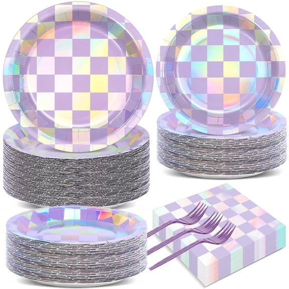 Yiaoyinnz 200Pcs Iridescent Birthday Party Supplies Purple Checkered Birthday Party Dinnerware Sets Purple Iridescent Paper Plates Napkins and Forks for Baby Shower Decor Serve 50 Guests Y102