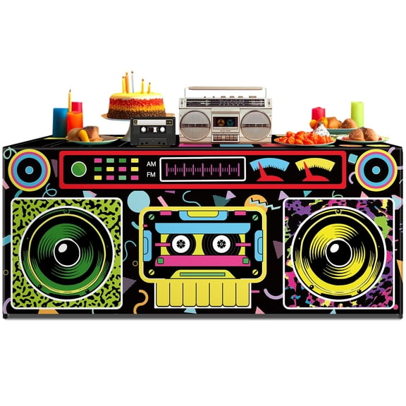 Yiaoyinnz 6 Ft 80s 90s Theme Tablecloth Birthday Decorations Classic Radio Boombox Table Cover Washable Fabric Polyester Hip Hop Rectangle Table Covers Protector for Birthday Decorations Y114