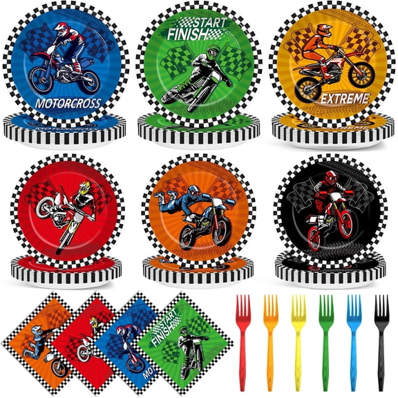 Yiaoyinnz 96Pcs Dirt Bike Party Decorations Motocross Birthday Dessert Plates Tableware Motorcycle Theme Dinner Paper Plates Napkins Racing Theme Dinnerware for Boys Baby Shower Supplies Favors C113