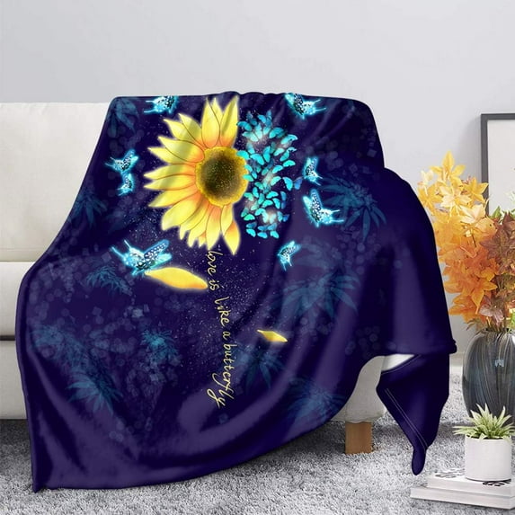 Yibo Blue Butterfly Sunflower Print Blanket Flannel Soft and Comfortable Anti-static Bed Sofa Blanket