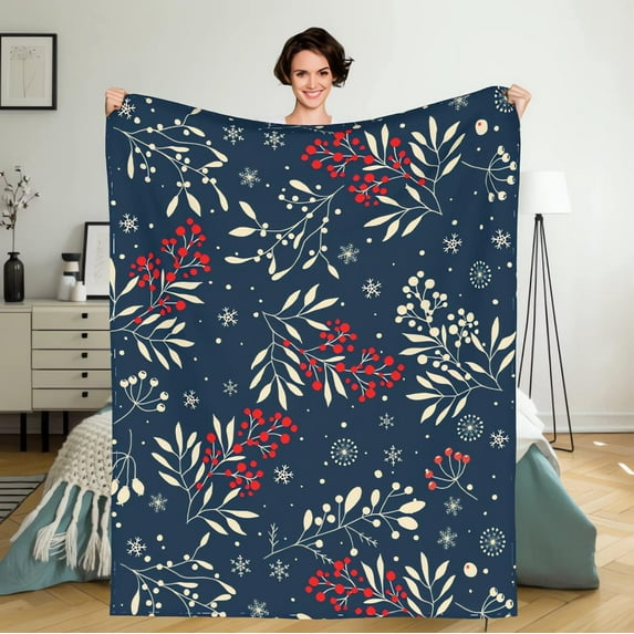 Yibo Branches Leaves Berries Snowflakes Blanket Flannel Soft and Comfortable Anti-static Bed Sofa Blanket