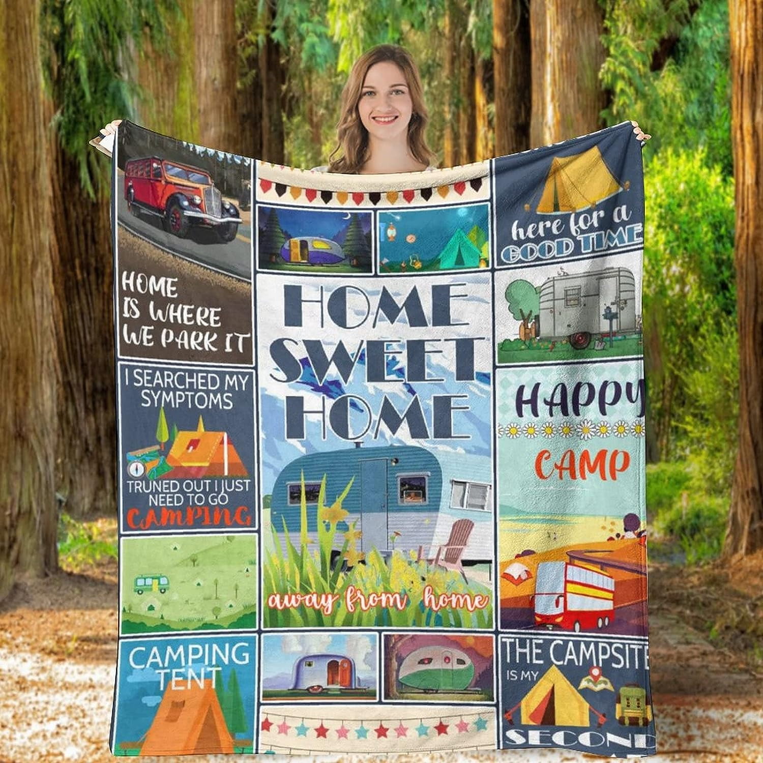 Yibo Camp Blanket Happy Camper Blanket Camping Blankets Flannel Softfor Campsite Outdoors RV