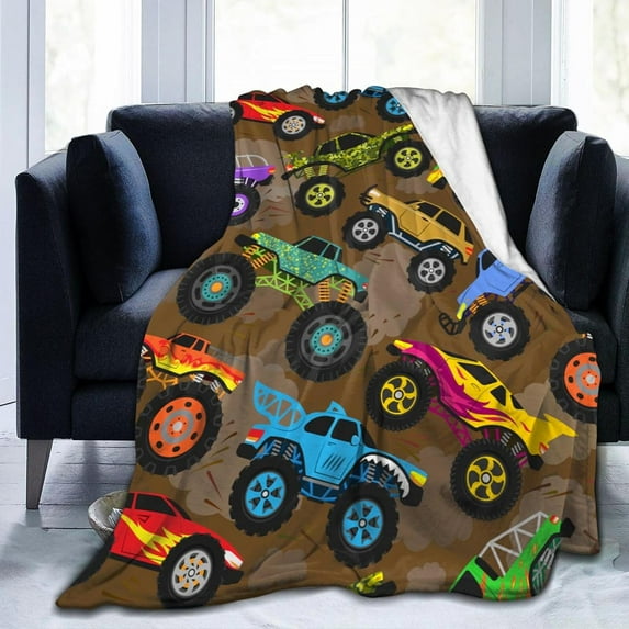 Yibo Monster Cartoon Pattern Truck Car Throw Blanket Soft Bed Bedding Warm Cozy Plush Flannel Fleece Blankets Gifts for Kids Boys Teens Sofa Couch Bedroom Home Decor
