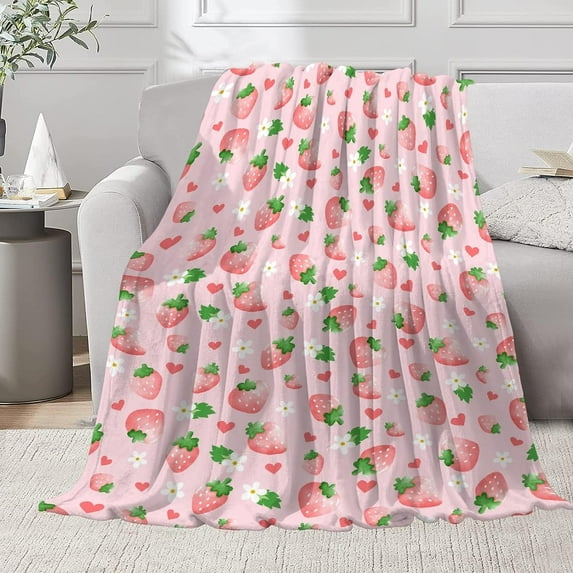 Yibo Strawberry Blanket Plush Cozy Strawberry Flower Blanket Strawberry Gifts for Girls Kids Strawberry Decor for Couch/Sofa/Bed/Room Floral Strawberry Decor Gifts