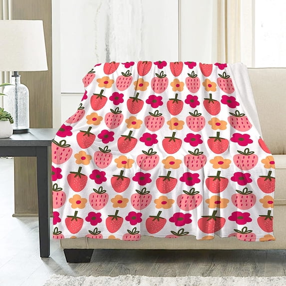 Yibo Strawberry with Cute Flowers, Fruit Vegetables Christmas Blanket, Ultral Soft Fleece Blanket for Girls and Boys, Foods Blanket Used for Bed, Couch, Chairs for Pets/Toddler