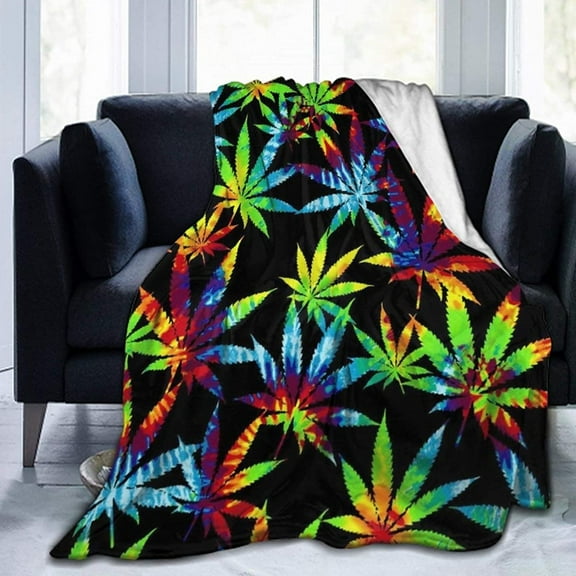 Yibo Super Soft Sherpa Plus Velvet Throw Wrap Cover Wrap Sheet for Sofa Couch Winter/Autumn Tie Dye Cannabis Weed Leaves Queen Size Camping Blankets Throw Wearable Blankets