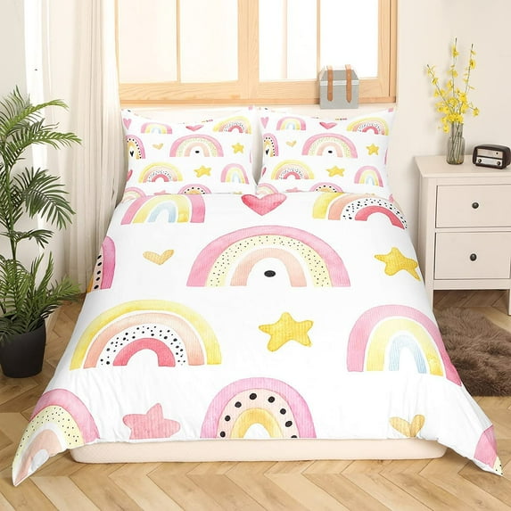 Yibo Valentines Day Floral Rainbow Boho Love Heart Rainbow Duvet Cover - Premium Polyester Duvet Cover with Zipper Closure, 3 Piece Set, Includes 1 Duvet Cover and 2 Pillow Cases, No Comforter