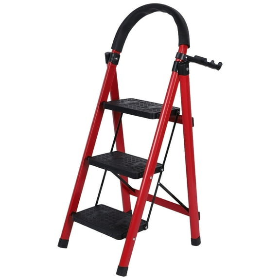 Yibooy 3 Step Ladder Step Folding Step Stool,Ladders for Home,Portable Foldable Step Ladder with Handgrip for Home Office, Kitchen, Garage (RED)