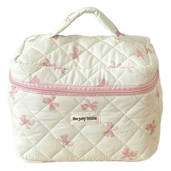 Yibooy Cute Bow Makeup Bag Cotton Quilted Cosmetic Bag Toiletry Bag for Women (Pink L)