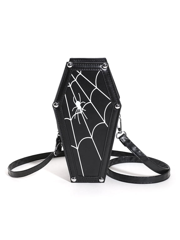 Women Gothic Cobweb Bag PU Leather Coffin for Halloween Party (Black)