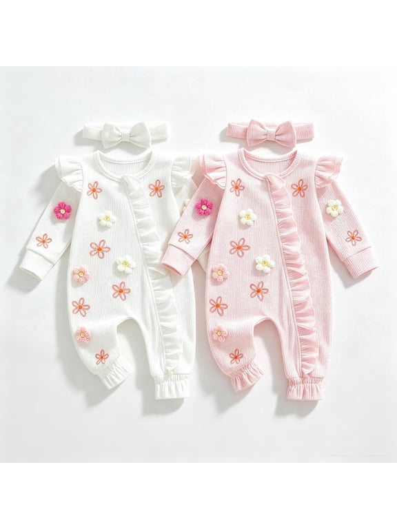 Baby Girls' 2-Pack Waffle Knit Footless Rompers with Bow Headbands, Long Sleeve Ruffle 3D Floral One-Piece Outfits for Newborn–12 Months
