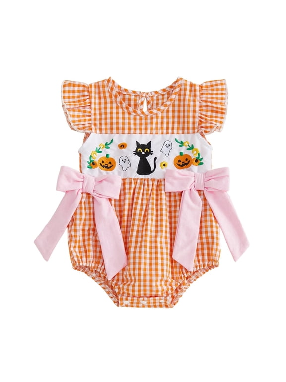 Baby Girls' First Halloween Gingham Pumpkin Cat Ghost Ruffle Romper Bodysuit, Fall Outfit 0-18 Months
