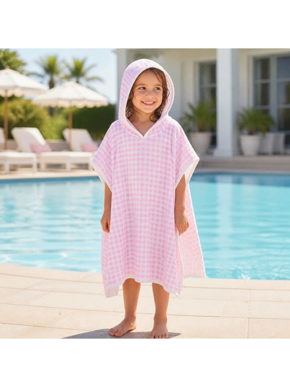 Kids Hooded Poncho Towel, Soft Absorbent Gingham Bath Towel Cover Up for Toddler Boys Girls, Wearable Swim Towel for Bath, Beach and Pool, Ages 1-6
