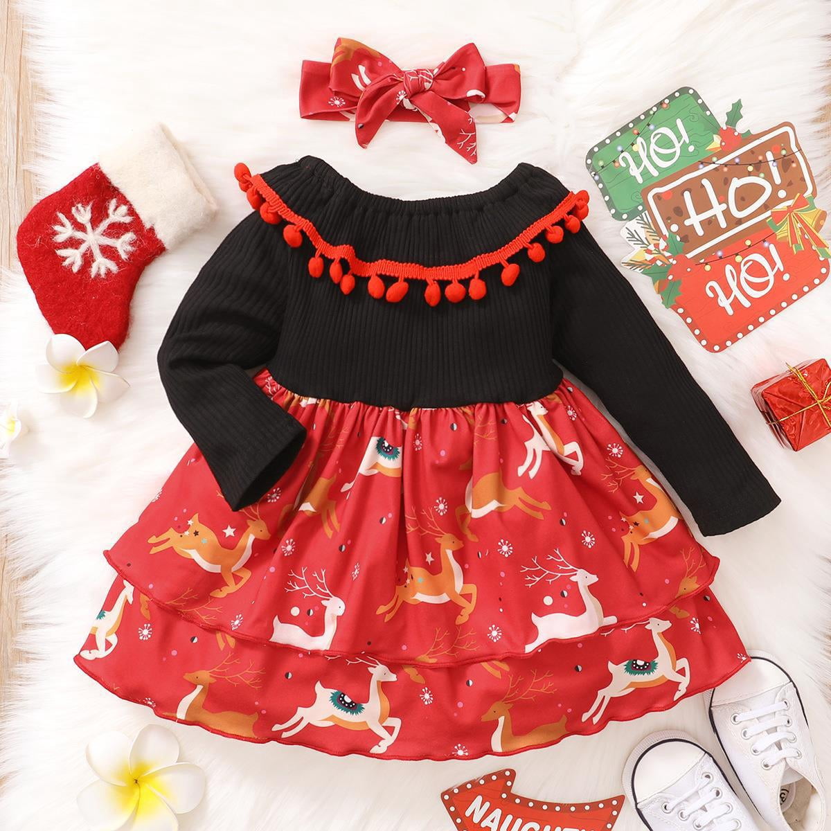 Autumn Arrival Cartoon Animals Christmas Pattern Long Sleeves Crew Neck Dress for Stylish Girls