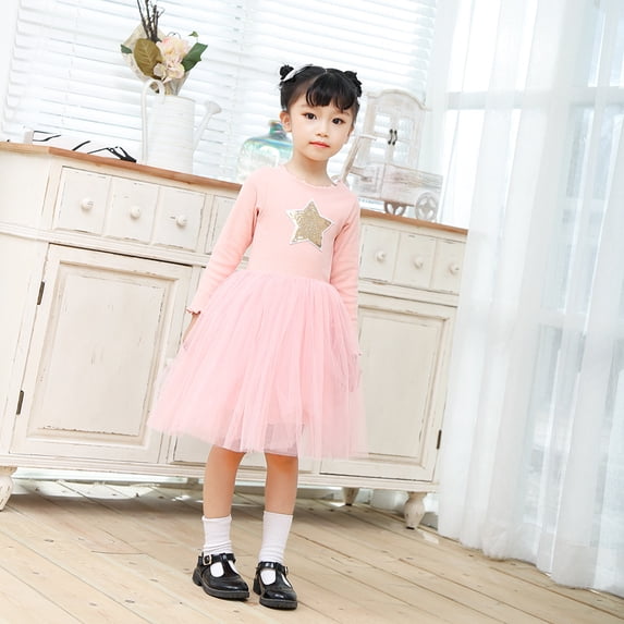Yidarton 2022 Autumn Dress For Girls New Baby Star Gauze Princess Dress For Children Pink 90CM
