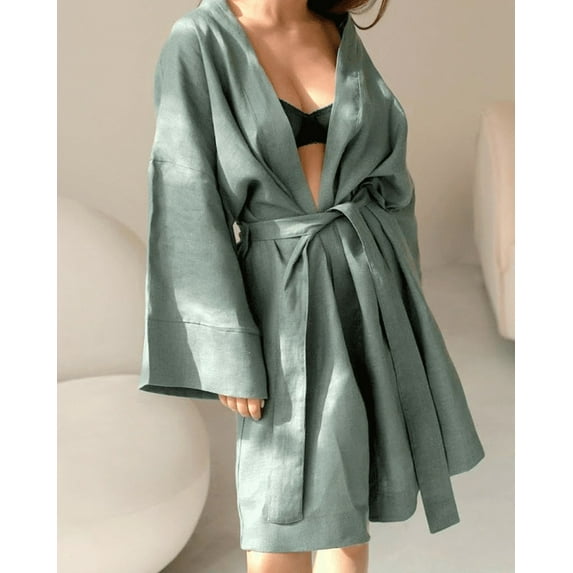 Yidarton 2022 Autumn European And American Cotton And Linen Nightgown Short Cross-border Morning Gown Women's Nightgown Loose Home Long Sleeve Bathrobe Green L