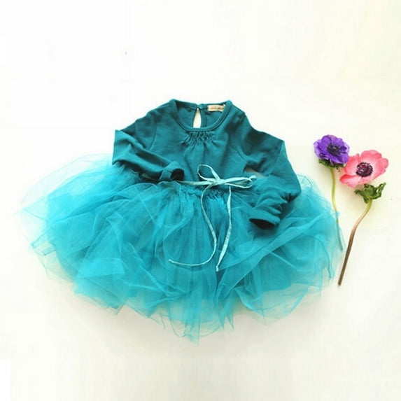 Yidarton 2022 Children's Clothing New Girls Long Sleeve Dress Mesh Lace-up Princess Dress Baby Fluffy Skirt Peacock Blue 120CM