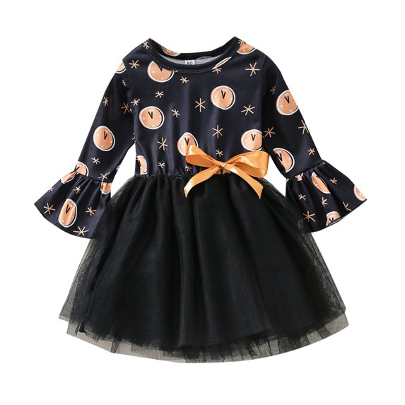 Yidarton 2022 European And American Girls Autumn Children's Skirt New Year Clock Printed Bow Stitching Mesh Long Sleeve Dress 120cm