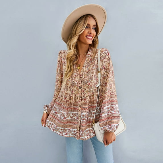 Yidarton 2022 autumn/winter women's tops Bohemian style women's long-sleeved tops temperament commuter women's shirts one piece for sale Khaki L