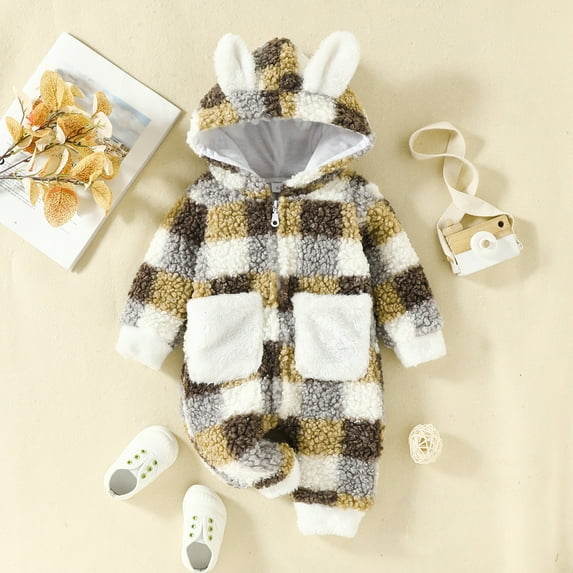 Yidarton 9-12M Autumn And Winter Baby And Child Square Plaid Color Matching Pattern Teddy Mao Mao Rabbit Ear Zipper Long Climbing Suit