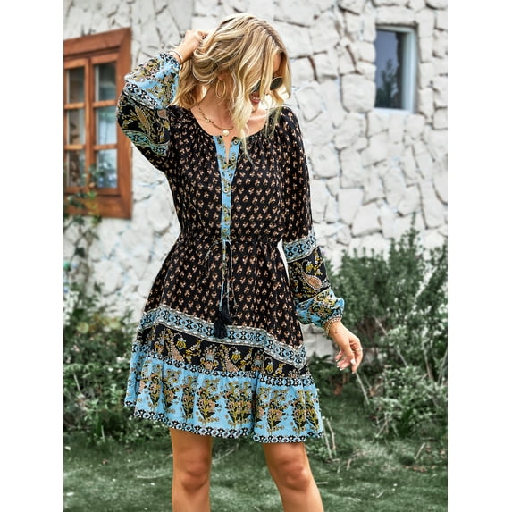 Yidarton Bohemian Dress Resort Casual Dress Autumn Four Seasons Woman Skirt Black XL Size