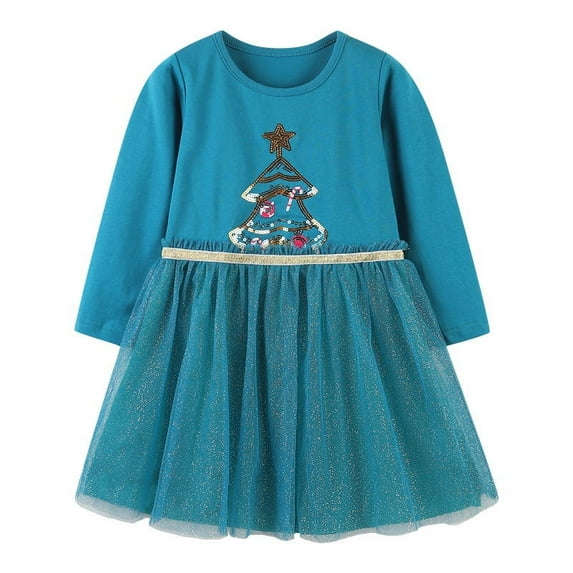 Yidarton Christmas Children's Clothes Christmas Tree Embroidery Children's Dress Girls' Long Sleeve Dress Autumn New Children's Mesh Princess Dress