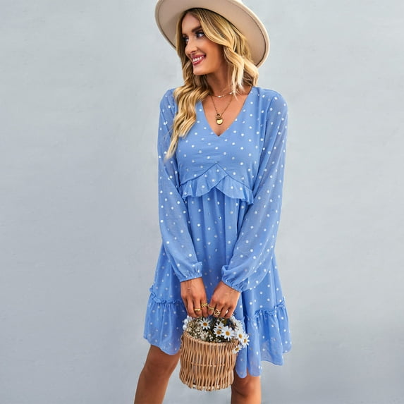 Yidarton Fashion Dress Autumn Long Sleeve Casual Temperament Skirt V Neck Dress for Woman Blue L Size