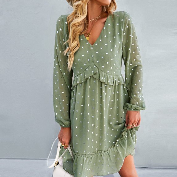 Yidarton Fashion Dress Autumn Long Sleeve Casual Temperament Skirt V Neck Dress for Woman Green S Size