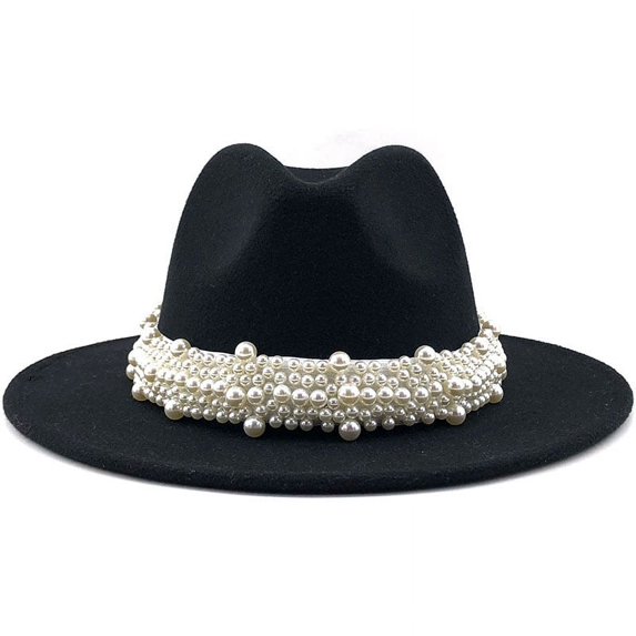 Yidarton Fashion Elegant Jazz Hat Pearl Hat Big Brim Hat Ladies Tweed Hat Ladies Vintage Pearl Belt Fashion Wide Brim Panama Hat Perfect for Summer One Piece Sale Black M