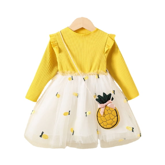 Yidarton Girls' Autumn Long Sleeve Jacket Dress Mosaic Mesh 2022 New Baby Princess Skirt Yellow